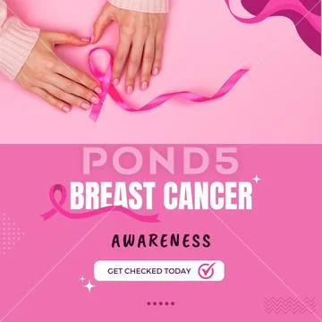 Pink ribbon held by hands, symbolizing breast cancer awareness cause. PSD Template