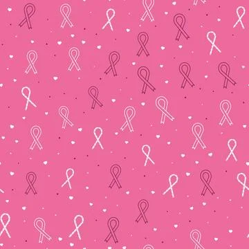 Pink ribbon seamless pattern with outline glitter sparkle ribbons, white hearts, Stock-Illustration