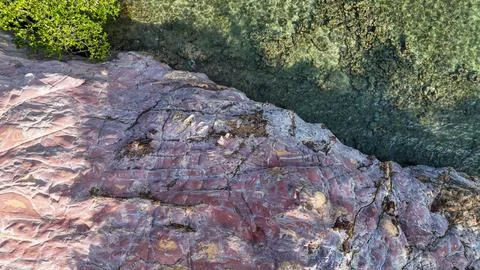Pink rock glows under the sun while clear turquoise water reveals coral gardens Stock Photos