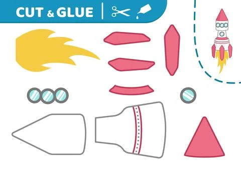 Pink rocket with fire. Cut and glue. Rocket. Applique. Paper game. Vector Stock Illustration