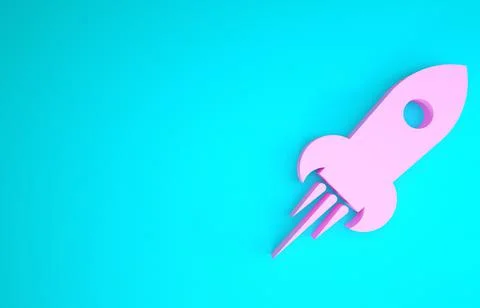 Pink Rocket ship with fire icon isolated on blue background. Space travel. Mi Stock Illustration