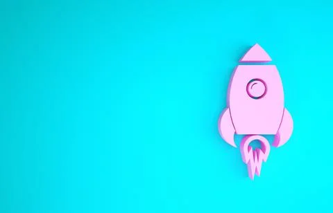 Pink Rocket ship with fire icon isolated on blue background. Space travel. Mi Stock Illustration