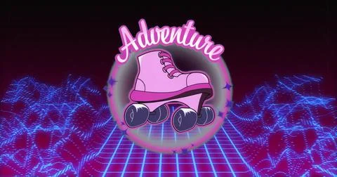 Pink roller skate hovering in glowing ring over neon grid, with Adventure text Ilustración de archivo