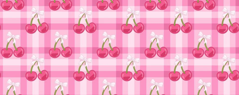 Pink Romantic Cherry Bow Seamless Pattern Cute Retro Valentine Print Stock Illustration