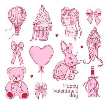 Pink romantic elements with satin bows set. Vintage silk bow for gifts, present Stock Illustration