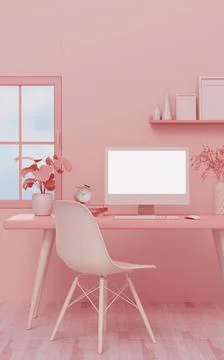 Pink room interior with mock up computer PC with blank white screen. 3d Stock Photos