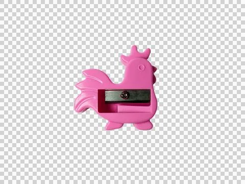 Pink rooster shaped pencil sharpener for school and office stationery isolated P Stock Photos