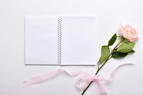 A pink rose with a ribbon lies next to an open notebook. Romance. Poetry and Stock Photos