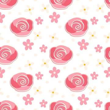 Pink rose seamless pattern with playful florals 库存插图