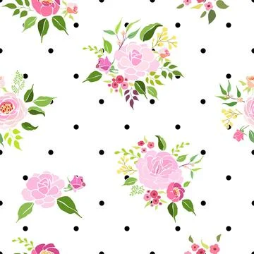 Pink roses bouquets flat vector illustration, with black polka dots background. Stock Illustration