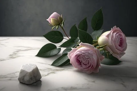 Pink roses in the corner of light marble background Stock Illustration