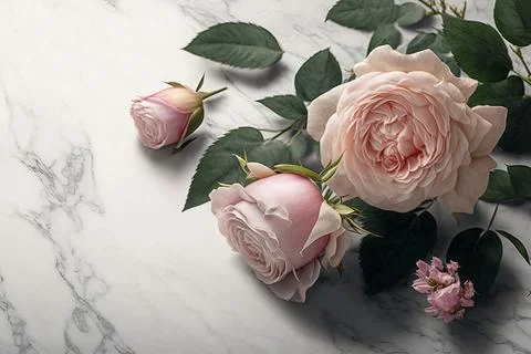 Pink roses in the corner of light marble background Stock Illustration