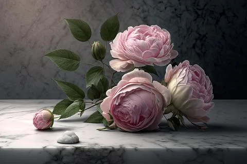 Pink roses in the corner of light marble background Stock Illustration