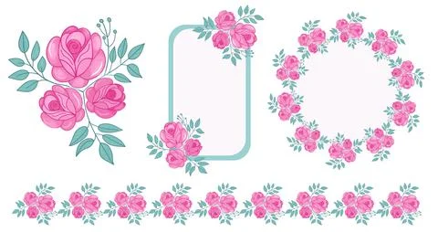 Pink roses frame , border set, isolated on the white background for Princess Stock Illustration