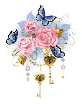 Pink roses with keys Stock Illustration