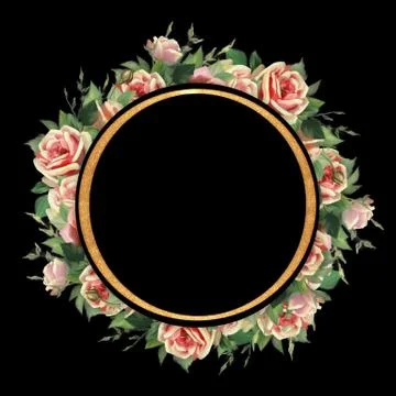 Pink roses. Round frame. Old painting style Stock Illustration