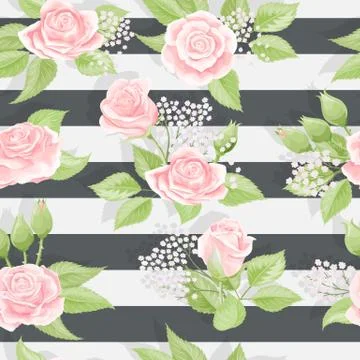 Pink roses seamless vector pattern with brushed stripes background Stockillustratie