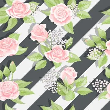 Pink roses seamless vector pattern with brushed stripes background Stock Illustration
