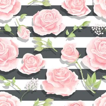 Pink roses seamless vector pattern with brushed stripes background Stock Illustration
