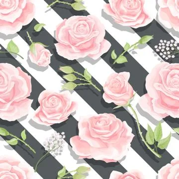 Pink roses seamless vector pattern with brushed stripes background 스톡 일러스트