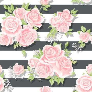 Pink roses seamless vector pattern with brushed stripes background Stockillustratie