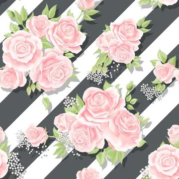 Pink roses seamless vector pattern with brushed stripes background 스톡 일러스트