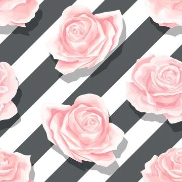 Pink roses seamless vector pattern with brushed stripes background Stock Illustration