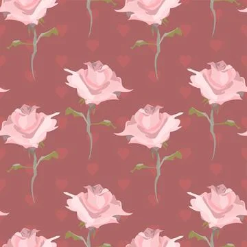 Pink Roses Vector Repeatable Pattern With Red Hearts イラスト素材