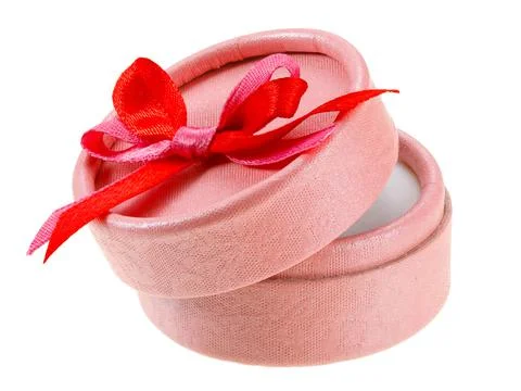 Pink round box for ring isolated on white background. Stock-Fotos