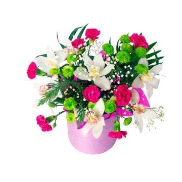 Pink round hat box of different flowers - arrangement of white Orchid, red Ca Stock Photos
