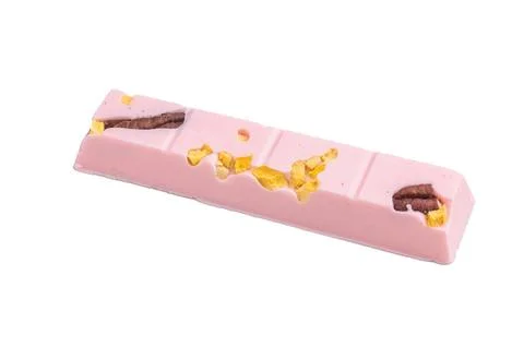 Pink ruby craft chocolate bar with dried citrus peel and cacao nib style to.. Stock Photos
