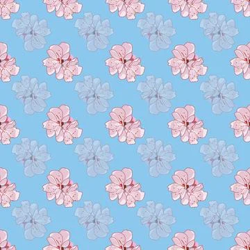 Pink sakura flowers repeat pattern on pastel blue Stock Illustration