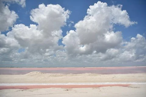 Pink salt lake under dramatic cloudy sky Stock Photos