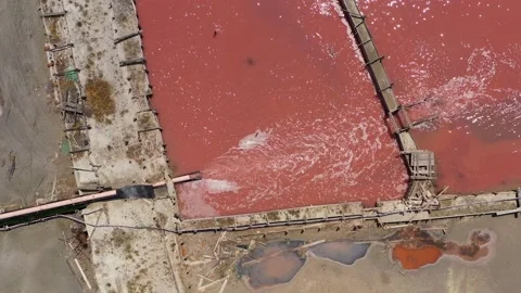 Pink salt mining pool on the lake. Stock Footage 165226435