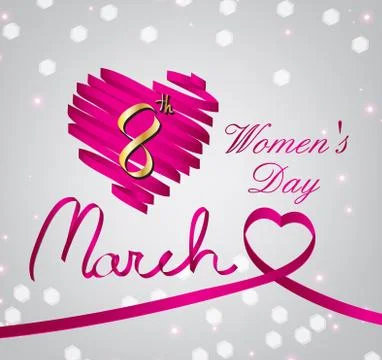 Pink satin glossy ribbon heart women'day 库存插图