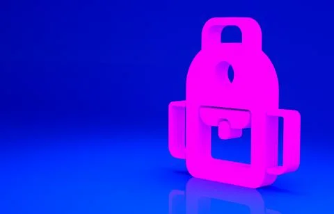 Pink School backpack icon isolated on blue background. Minimalism concept. 3d Illustrazione stock