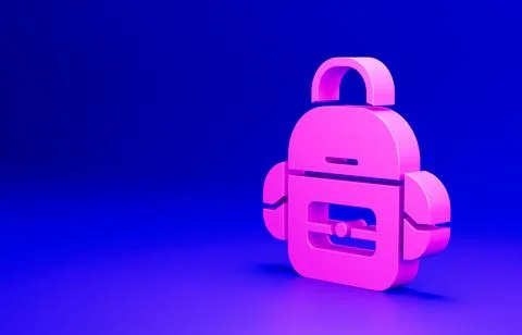 Pink School backpack icon isolated on blue background. Minimalism concept. 3D Illustrazione stock
