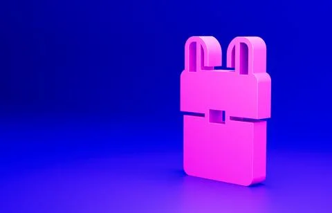 Pink School backpack icon isolated on blue background. Minimalism concept. 3D Illustrazione stock