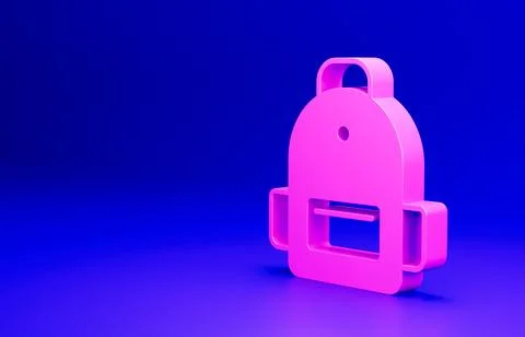 Pink School backpack icon isolated on blue background. Minimalism concept. 3D Illustrazione stock