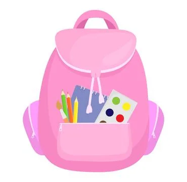Pink school backpack open pocket showing notebooks, pencils, watercolor palette Stock Illustration