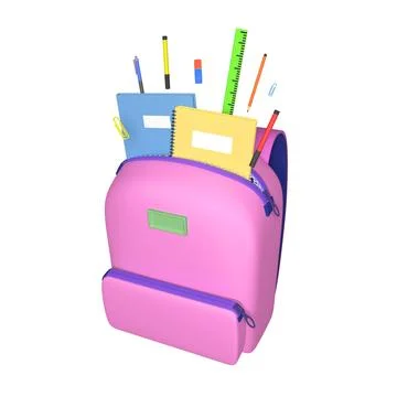 Pink school backpack with school supplies. Pencils, pens, markers Stock Illustration