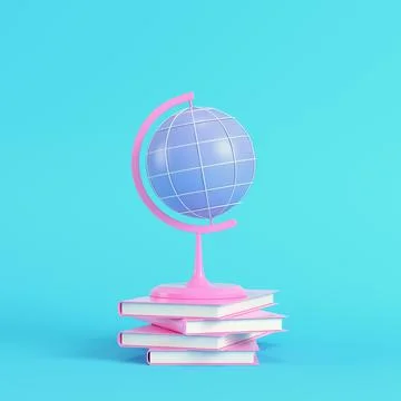 Pink school globe with stack of book on bright blue background in pastel colo Stock Illustration