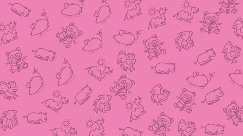 Pink seamless background with hand-drawn pandas, camels, birds, hippos Stock Footage 318471987