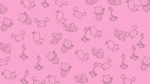 Pink seamless background with hand drawn bears, birds, crabs and shells Stock Footage 318472003