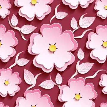 Pink seamless pattern with 3d sakura and leaves Stock Illustration
