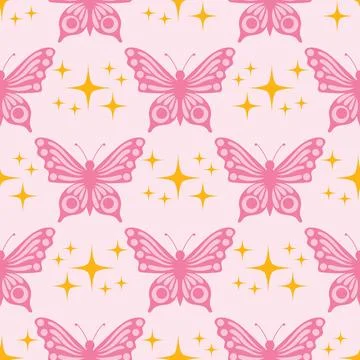 Pink seamless pattern in cartoon flat style with cute pink butterfly and ti.. Stock Illustration