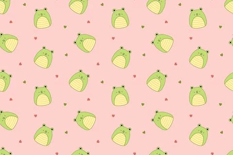 Pink seamless pattern with cute frogs. Squishmallow. Kawaii, Vector Stock Illustration