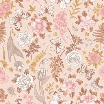 Pink seamless pattern with flowers. 库存插图