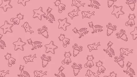 Pink seamless pattern with hand-drawn cats, sharks, zebras, goats and stars Video stock 318471994