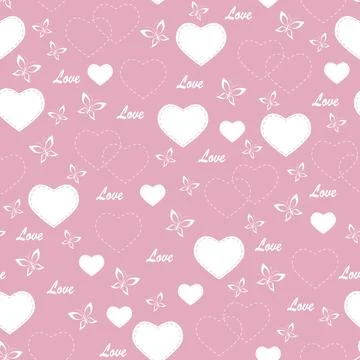 Pink seamless pattern with hearts and butterflies. Stock Illustration